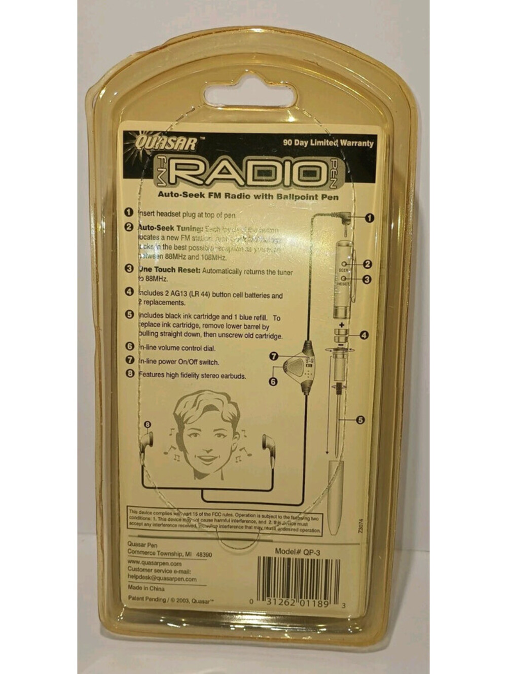 Quasar - FM Radio in a Pen with Stereo Earbuds Silver Auto-Seek On/Off - NEW - Picture 2 of 6